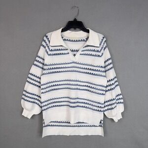 Vita Grace Sweater Womens One Size White Striped Collared Open Nautical Pullover